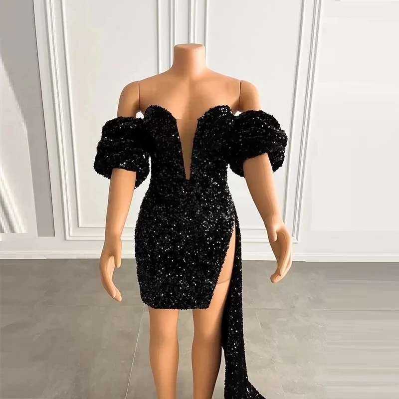 Magnifique Noir Rouge Sparkles Robes De Bal 2023 Robe De Soirée Courte Fermeture Éclair Manches Longues Bouffantes Robe De Soirée Robe De Soirée Robe De Soirée