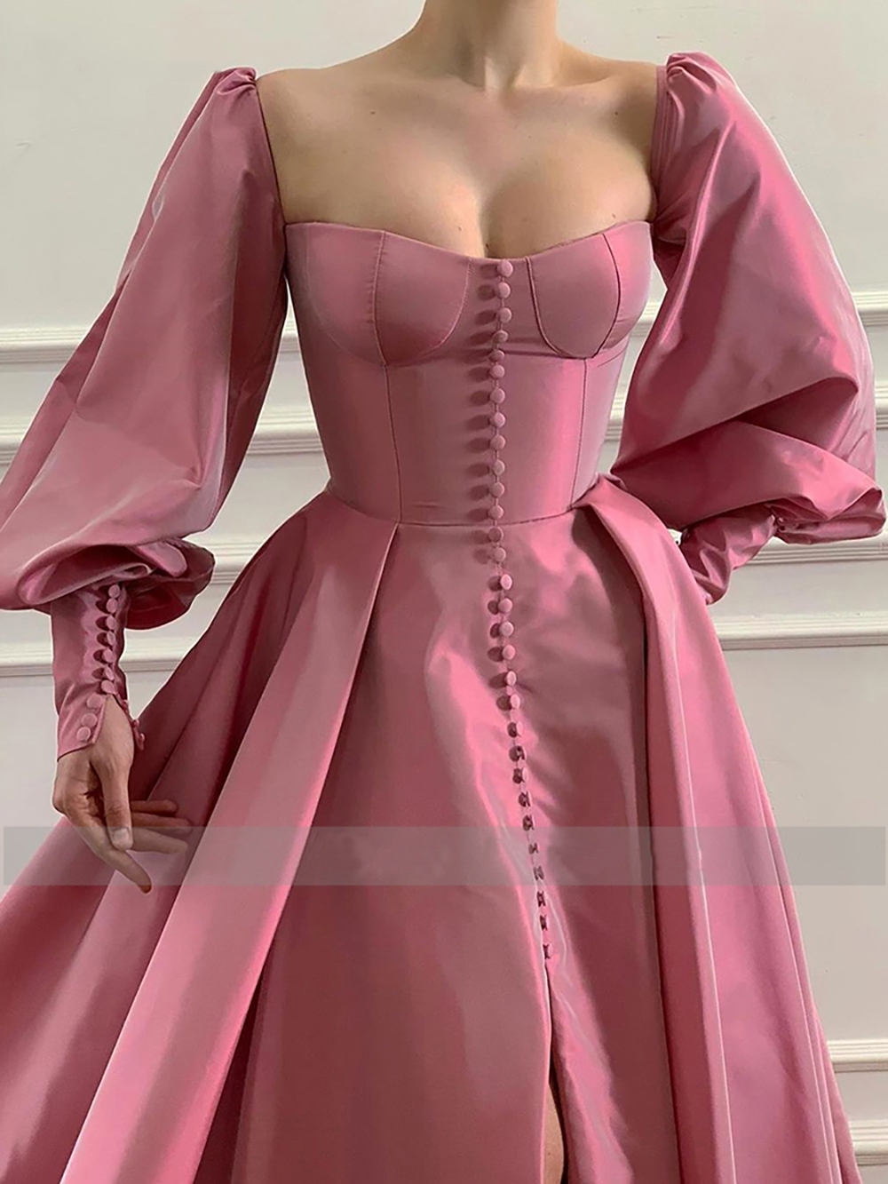 Robes de bal roses élégantes manches évêque haute fente robes de soirée en taffetas chérie a-ligne longues robes de soirée avec boutons