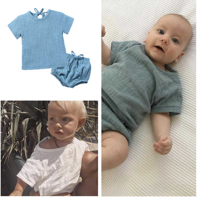 Kläder sätter nyheter baby pojkar flickor kläder bomullslinne set soild färg laceup pullover tshirt shorts med bältes barn kläder m