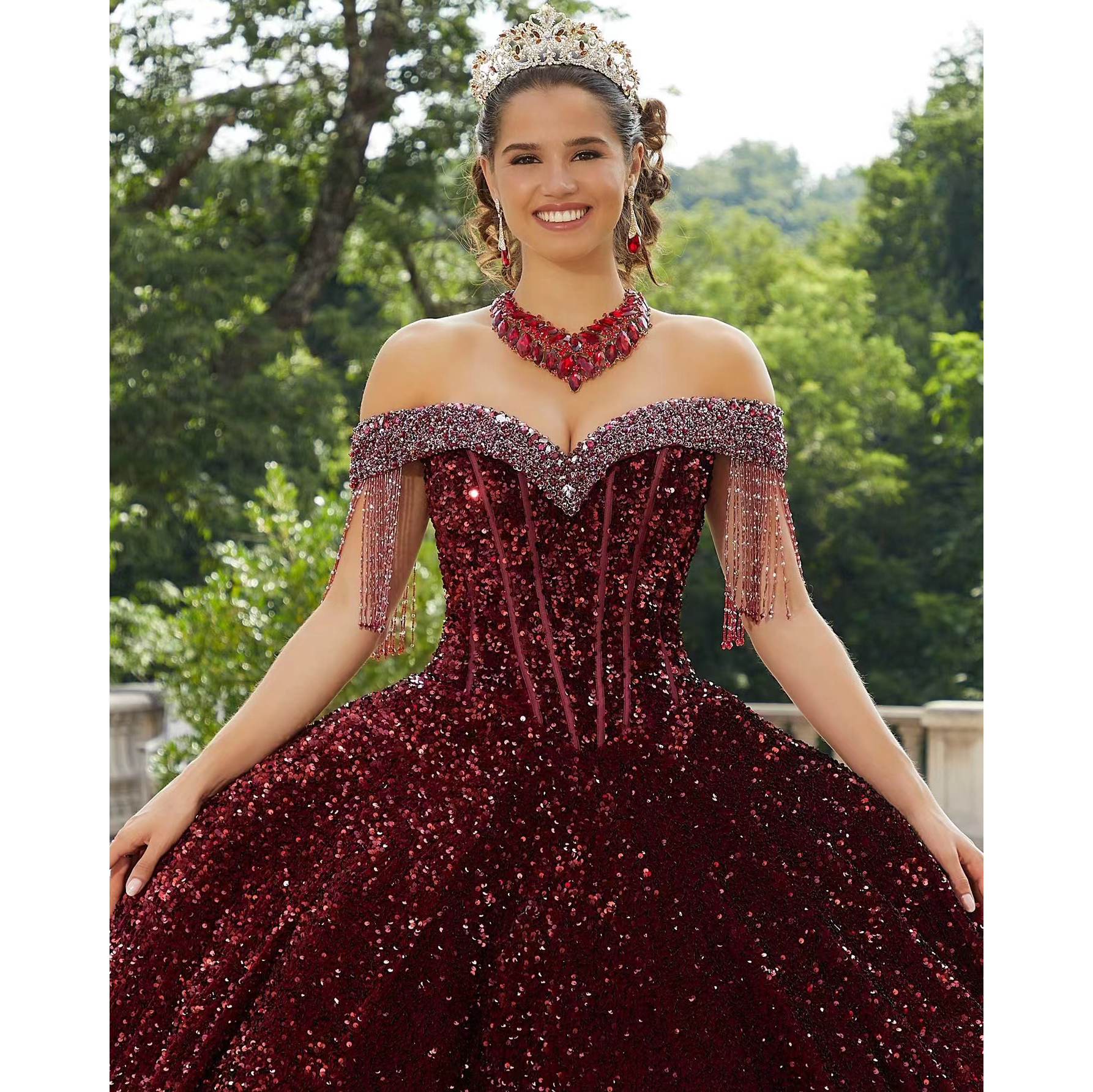 Sparkly Red Quinceanera Dress Ball Gowns Paillettes Nappa Off The Shoulder Sweet 15 16 Girl Birthday Party Prom Dress Vestidos