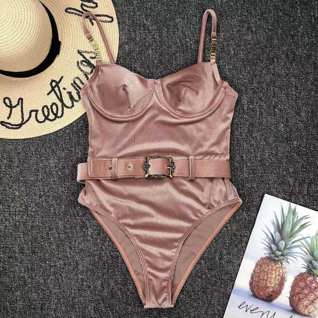 Kadın mayo 2022 yeni seksi kadife tek parça siyah bikini kemer mayo kadınlar katı push yukarı mayo kadın brezilya plaj mayo l230213