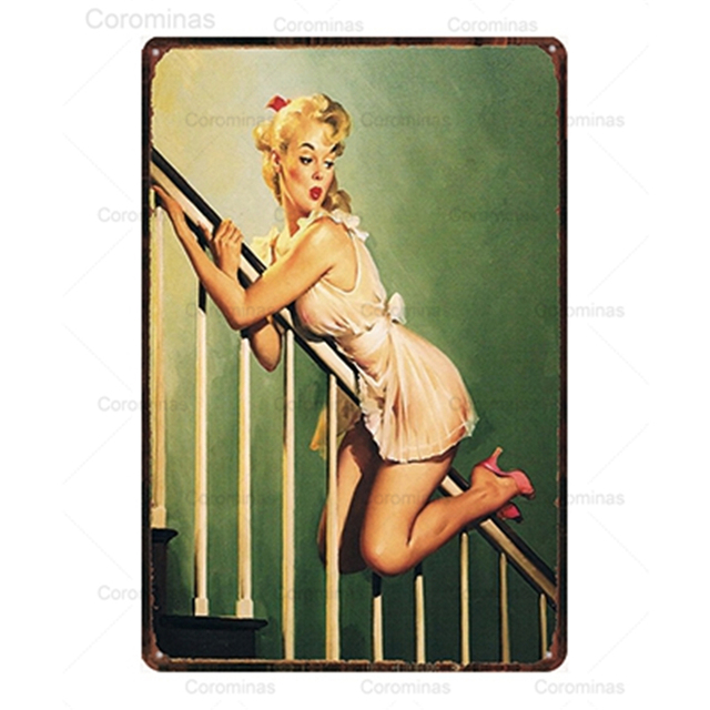 Shabby Pin Up Girl art painting Vintage Metal Sign Man Cave Funny Sexy Woman Beer Bike Tin Poster Retro Plaque Plate Iron Painting Home wall Decor Size 30X20 w02