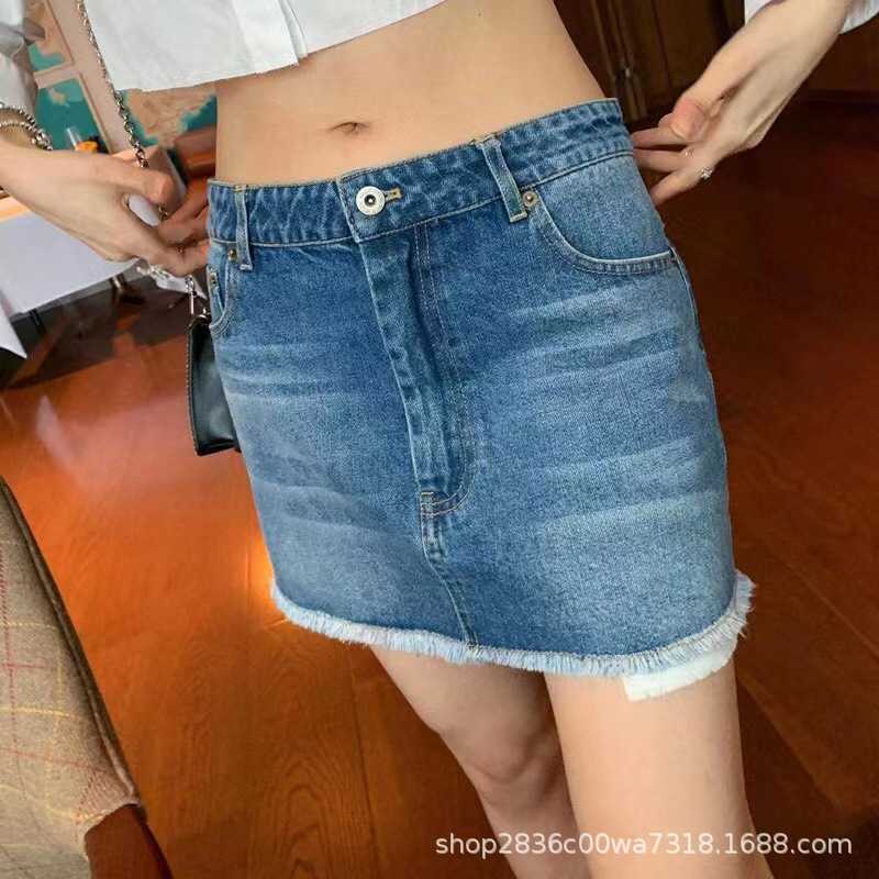 Skirts Designer 22ss style raw edge fake two pieces of three-dimensional embroidery logo washed denim skirt short women RYES