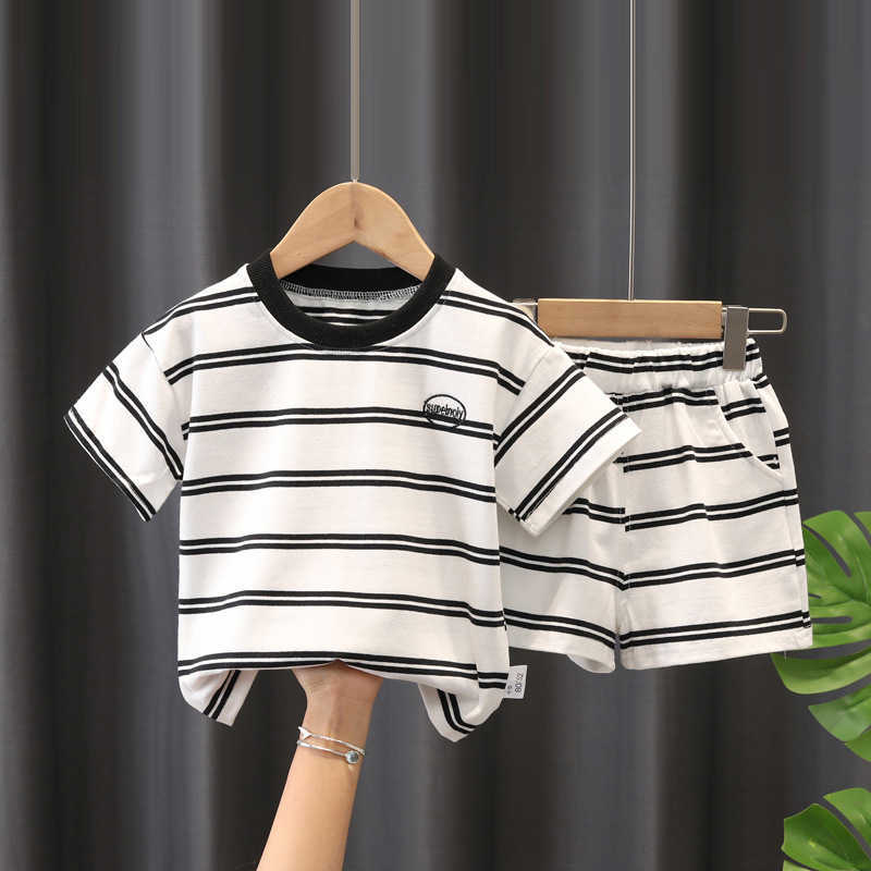 Комплекты одежды для девочек Комплект одежды Y Детская одежда Летняя детская хлопковая футболка в полоску Шорты Костюм из двух предметов Одежда для мальчиков