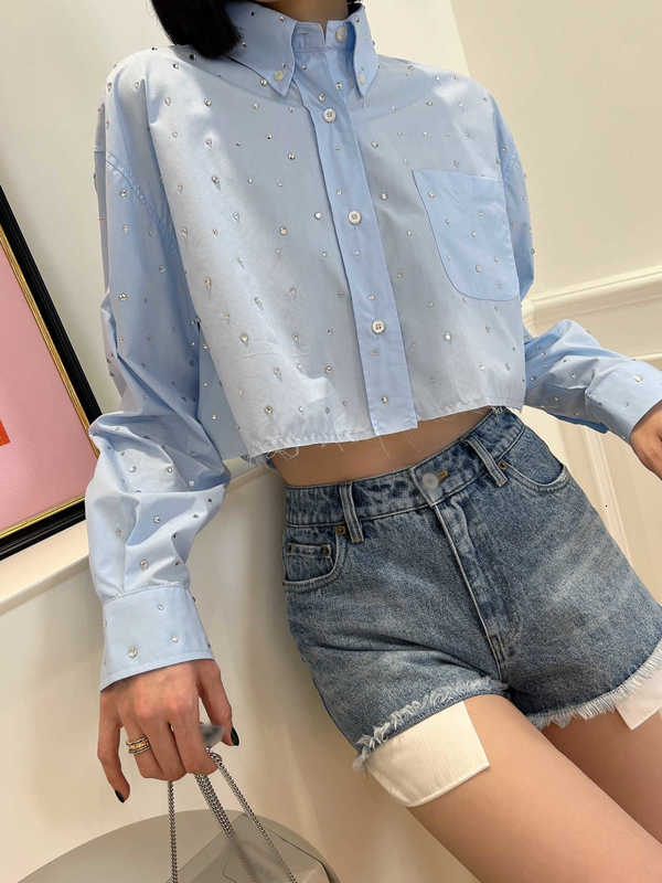 Women's Blouses & Shirts Designer High-end 22 spring and summer exquisite baby blue white heavy iron diamond short shirt NCYD