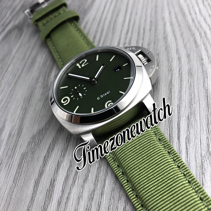 SJF New E Steel 01356 Automatic Mens Watch Luminous Black Dial Steel Case Army Green Nylon Leather Strap Diver Gents 44mm Watches TWBE Timezonewatch E48