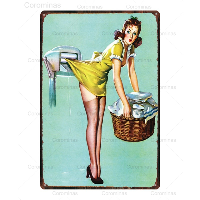 Shabby Pin Up Girl art painting Vintage Metal Sign Man Cave Funny Sexy Woman Beer Bike Tin Poster Retro Plaque Plate Iron Painting Home wall Decor Size 30X20 w02