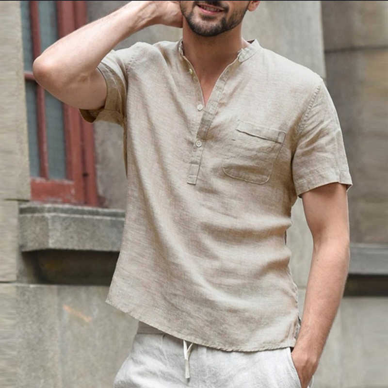 Camisetas masculinas moda moda novas camisas casuais de linho de algodão para homens camisa clássica básica de manga comprida stand colar camisas respiráveis ​​y2302
