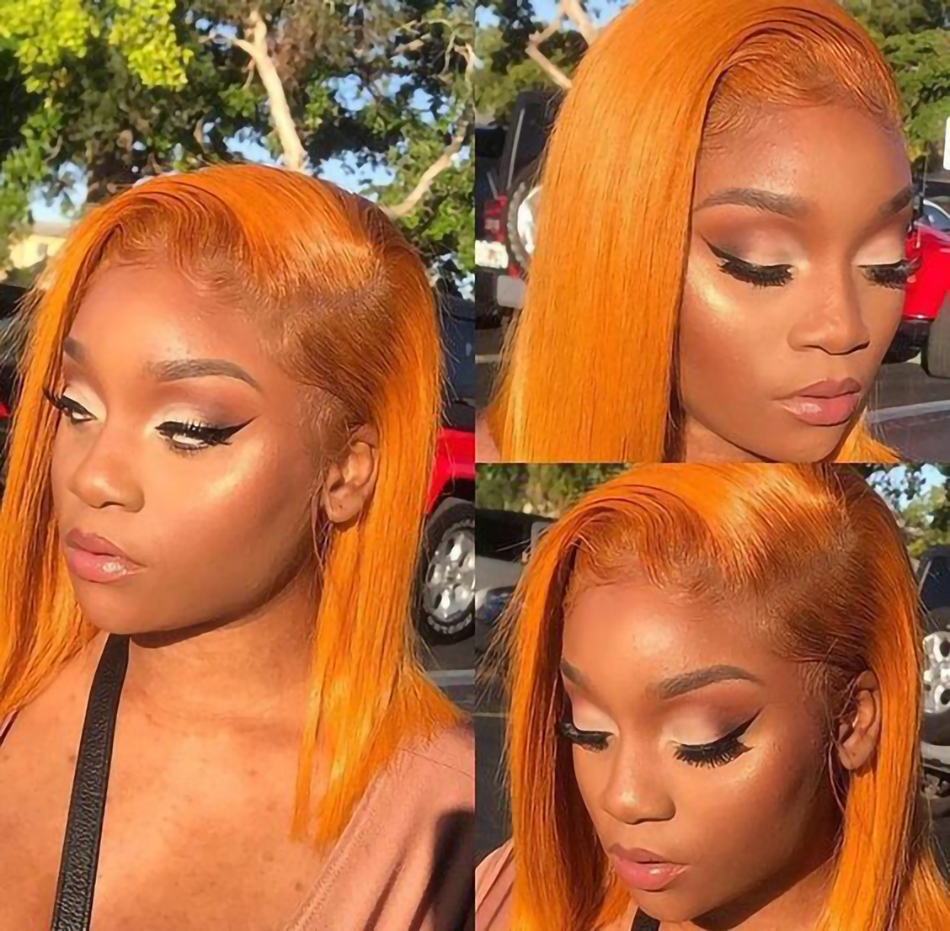 Perruque Bob Lace Front Wig synthétique lisse et gingembre Orange, cheveux naturels transparents, à reflets courts, pour femmes