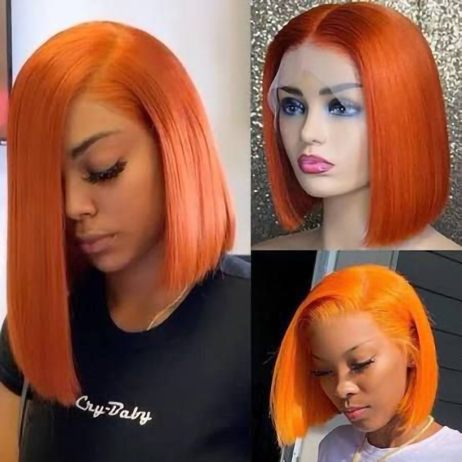 Perruque Bob Lace Front Wig synthétique lisse et gingembre Orange, cheveux naturels transparents, à reflets courts, pour femmes