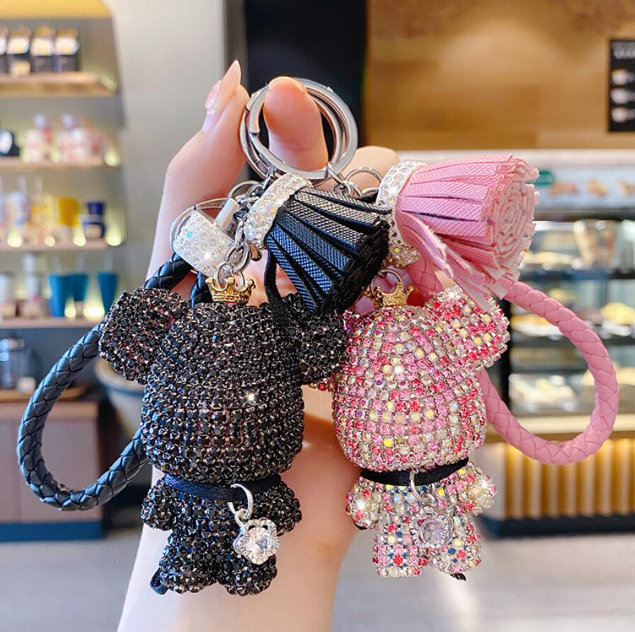 Tam Rhinestones Sevimli Rhinestone Anahtar Keychain Cazibe Karikatür Ayı Kolye Kadınlar Çanta Araba Anahtar Yüzük Cep Telefonu Güzel Takı Aksesuarları Kız Hediyeleri