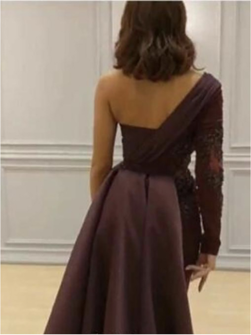 One Shoulder Mermaid Evening Dress Satin Open Back Design Formal Gown Long Sleeve Elegant Lace Appliques Party Dress 2023