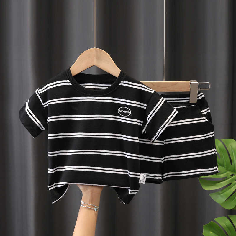 Комплекты одежды для девочек Комплект одежды Y Детская одежда Летняя детская хлопковая футболка в полоску Шорты Костюм из двух предметов Одежда для мальчиков
