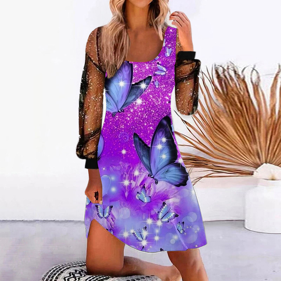 Kvinnor Casual Dresses Mesh Sheer Puff Long Sleeve Square Neck Print Butterfly Mini Dress Loose Plus Size S-3XL