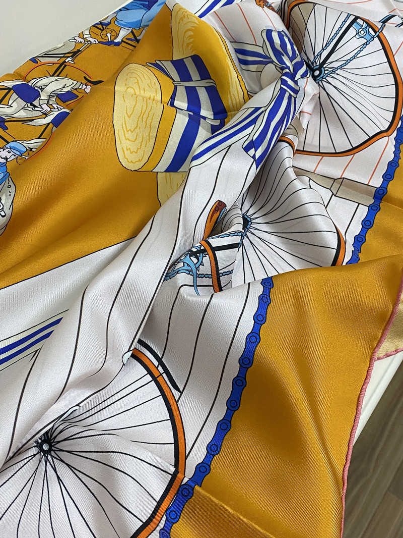 women's square scarf scarves shawl 100% twill silk material yellow color pint letter bike pattern size 130cm - 130cm