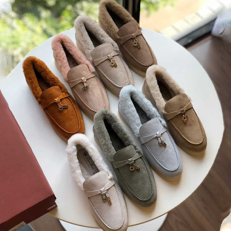 디자이너 Loropiana Walk Shoes 순수 생 양 스웨이드 플러시 따뜻한 lefu 신발 LP 캐주얼 플랫 밑창 단일 신발 플러시 신발 여성