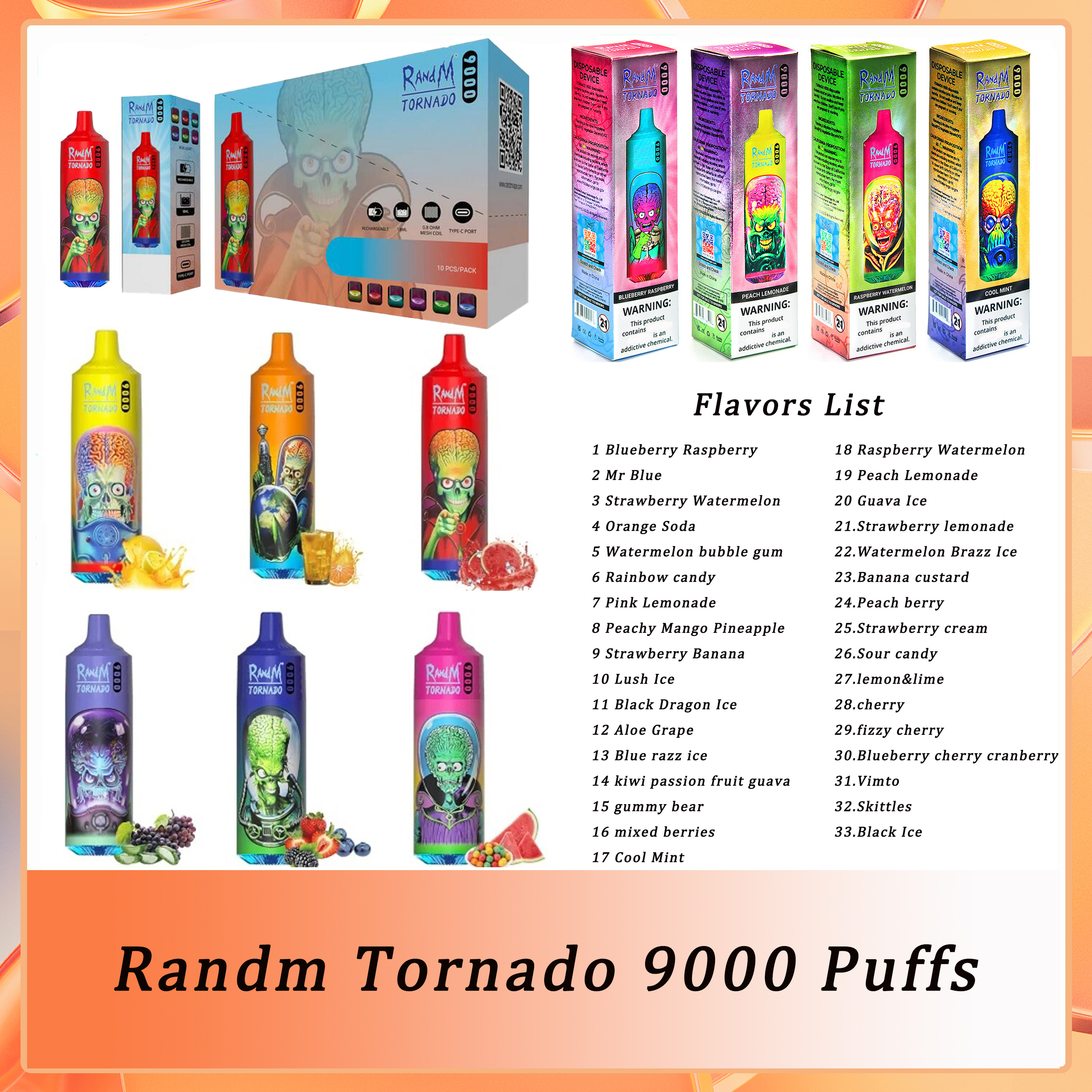 Autenic Randm Tornado 9000 Puffs engångs e-cigaretter har 18 ml vape 0/2/3/5% uppladdningsbar 850mAh Integrerat batteri associerade 33 smaker tillgängliga