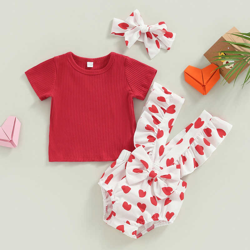 Clothing Sets Lovely Toddler Baby Girls Clothes Set Summer Knitted TShirts Heart Print Suspender Ruffles Shorts Headband Children Pcs Suit