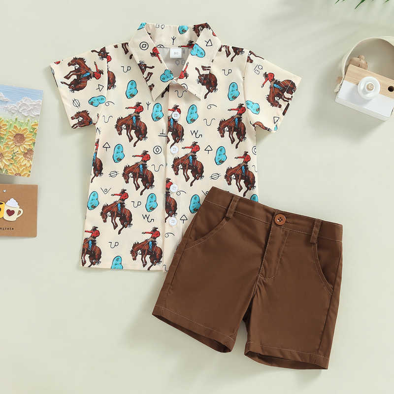 Ensembles décontractés pour bébés garçons, vêtements à la mode, tenues d'été pour enfants, manches courtes, imprimé graphique, chemise boutonnée, ensemble short