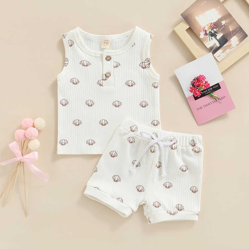 Sets Unisex Neugeborenes Baby Sommeranzug Kleidung Shell Print Ärmellose Tops Elastische Shorts Gerippte Baumwolle Lässige Kleinkindkleidung
