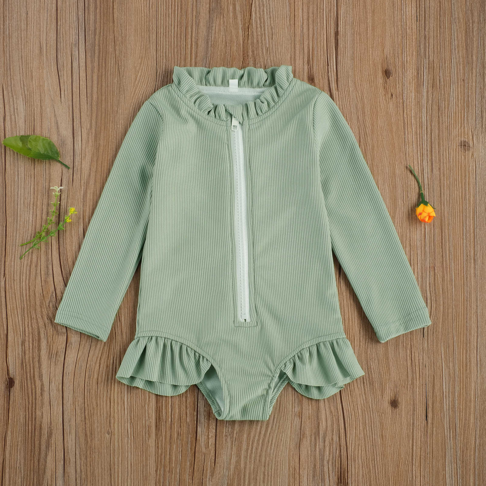 Kleidungssets Niedlicher Sommer-Kleinkind-Baby-Mädchen-Langarm-Badeanzug Einfarbiger Rüschen-Reißverschluss-Rashguard-Badebekleidung Badeanzug Säuglings-Strandbekleidung