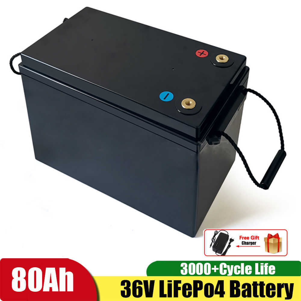 LifePo4 36V 80AH Литийной аккумулятор с 80a BMS для рыбалки для рыбалки на моторной лодке Водонепроницаемый с зарядным устройством 10A.