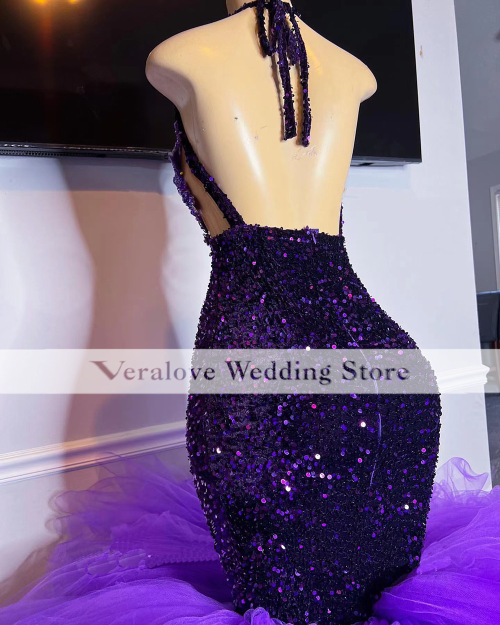 Sexy Prom Dress Mermaid 2k23 Purple Glitter Sparkly Black Girls Birthday Party Gowns Abito da sera con volant Taglia personalizzata