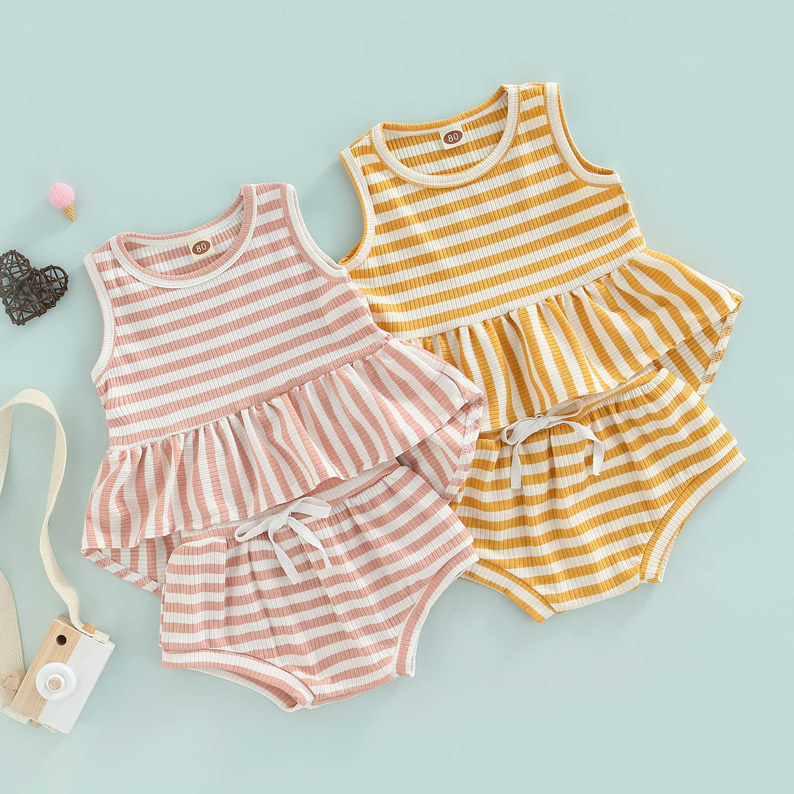 Clothing Sets Summer Toddler Infant Tops Pants Clothes Set Sleeveless Stripes Shirt Drawstring Short Trousers Kids Girls Suit