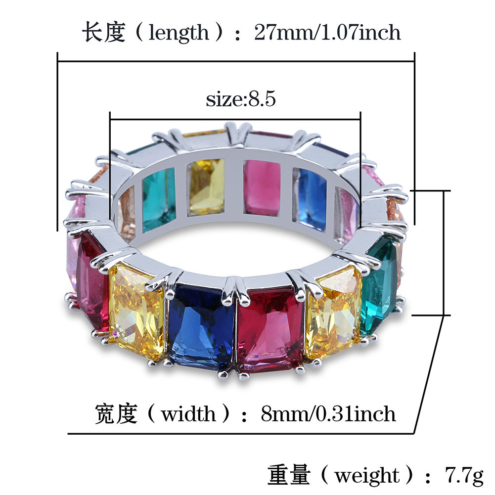 Hip Hop Casting Rings With Side Stones T Square Rainbow Ring Big Crystal Zircon Men Women Finger Wedding Gift