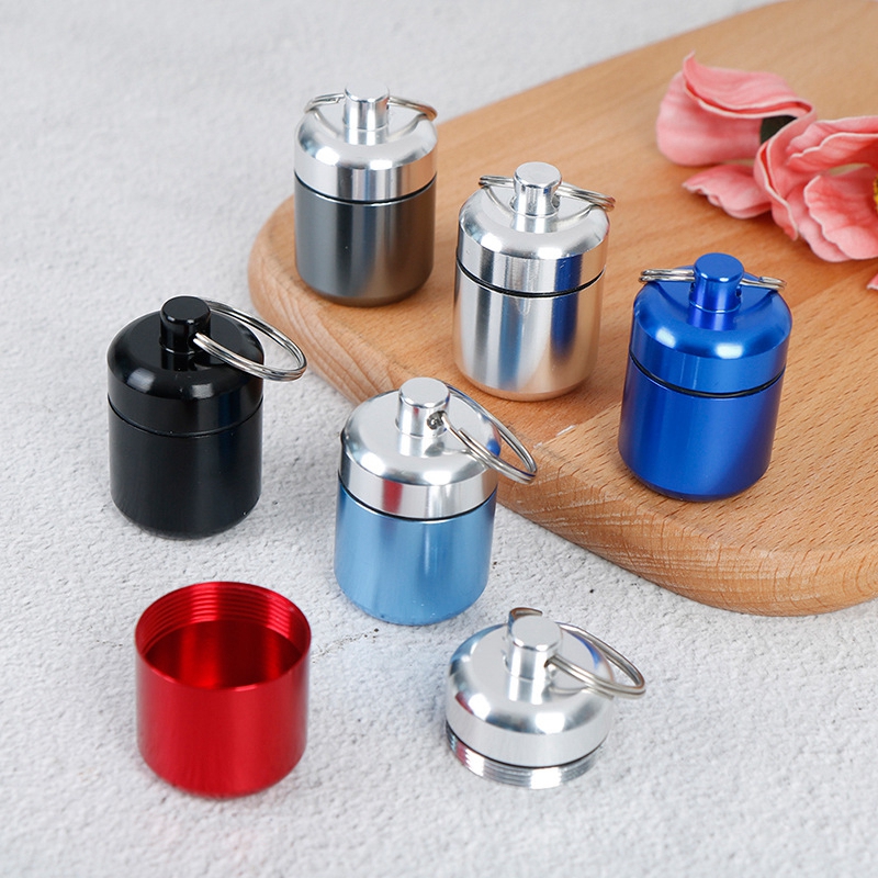 Metal Waterproof Alloy Pill Box Case Bottle Cache Holder Container Keychain Medicine Box Dabber Wax Tobacco Container Jars Aluminum Short Fat Storage for Dry Herb