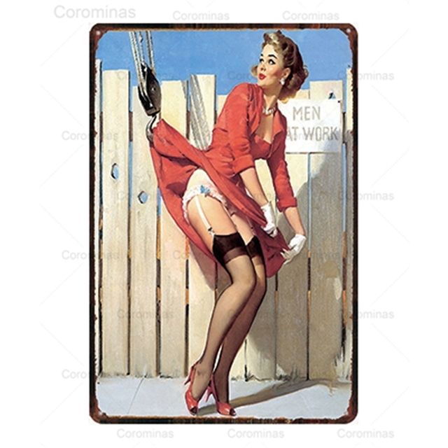 Shabby Pin Up Girl art painting Vintage Metal Sign Man Cave Funny Sexy Woman Beer Bike Tin Poster Retro Plaque Plate Iron Painting Home wall Decor Size 30X20 w02