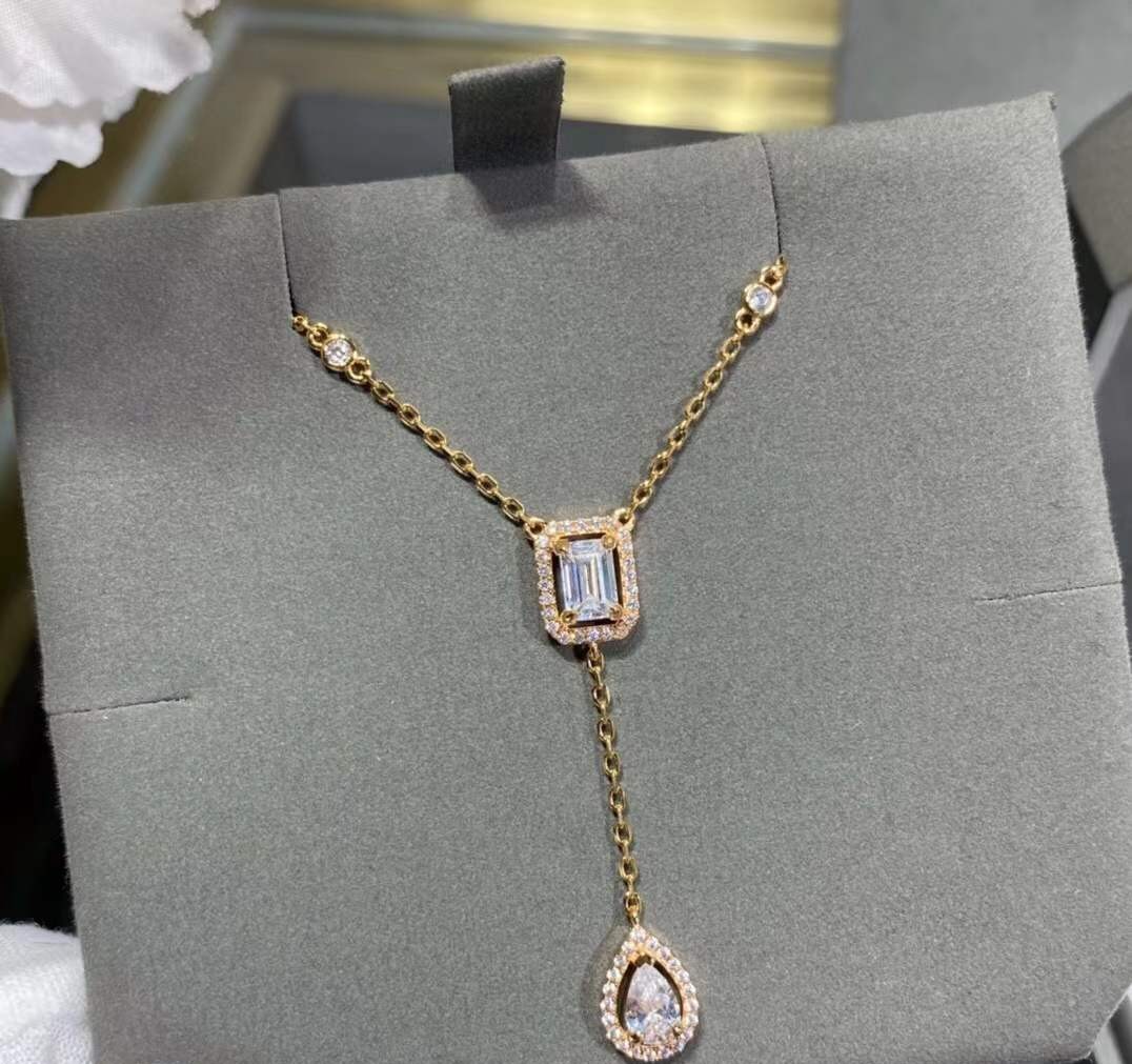 Elegant Women Crystal Rectangular Necklace V Gold Plated Square Zircon Pendant Wedding Party Jewelry Tassel Chain Choker