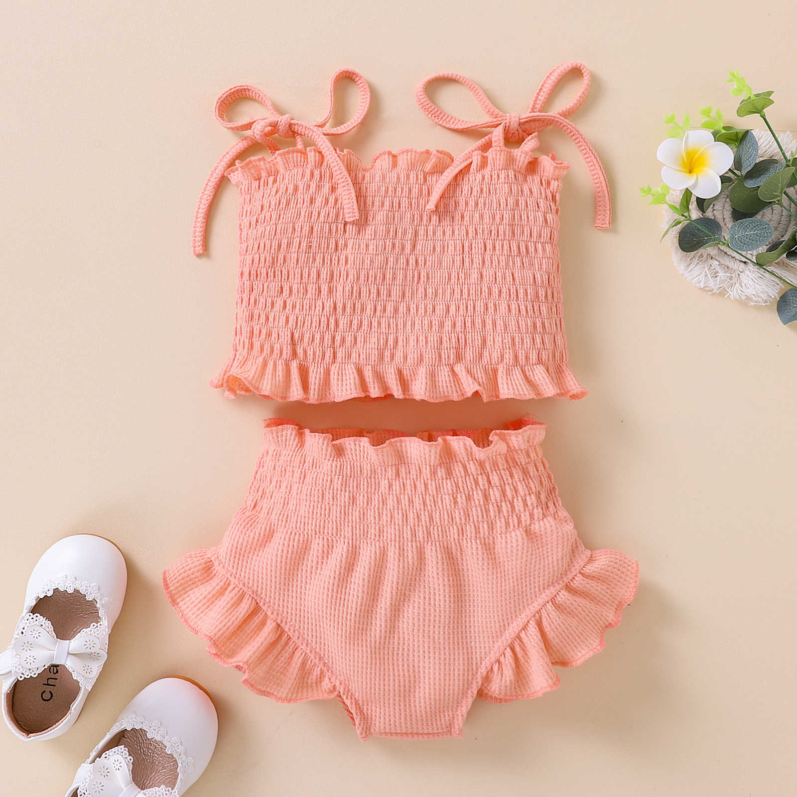 Kläder set sommar spädbarn flickor kläder kläd set tieup spaghetti rem ärmlös ruched solid tank topsshorts mode barn kostym