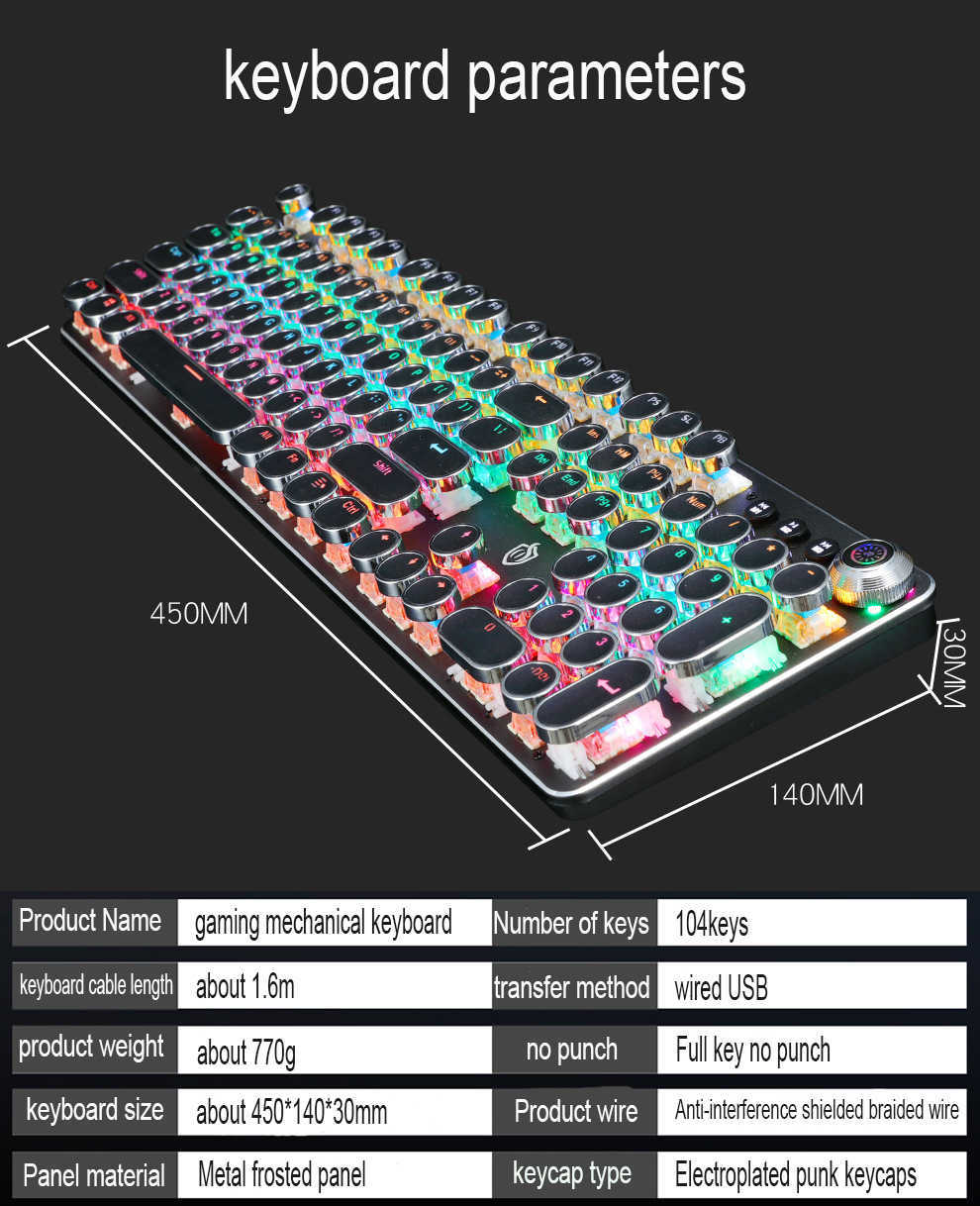 키보드 레트로 펑크 104 키 게임 키보드 유선 기계식 키보드 RGB 백라이트 키보드 컴퓨터 E-Sports 데스크탑 용 주변 장치 T230215