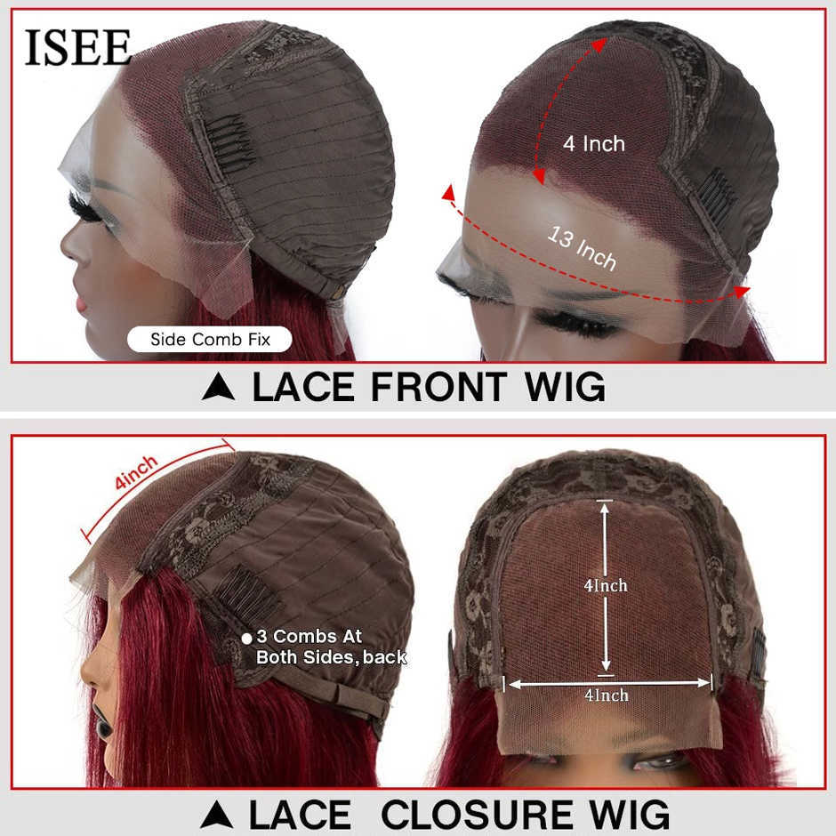 ISEE YOUNG 99J Bone Straight Lace Frontal Wigs For Women Burgundy Colored Straight Lace Closure Wigs Wine Red Human Hair Wigs