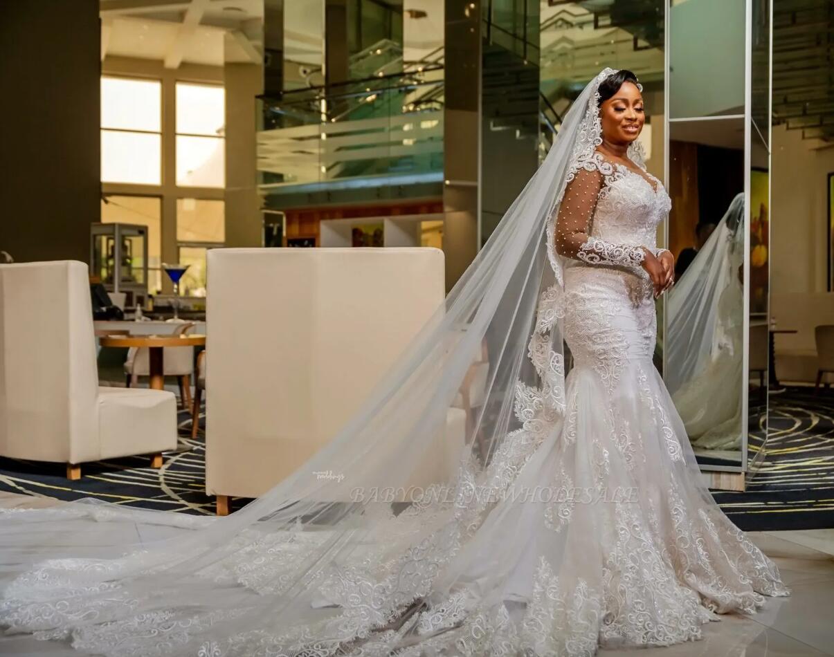 2023 Abiti da sposa a sirena in pizzo di lusso Abiti da sposa trasparenti con perline a maniche lunghe Abiti da sposa africani plus size BC15031 022368