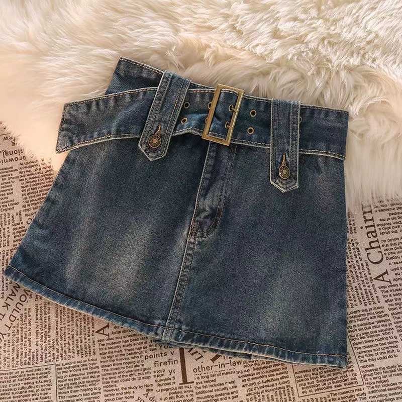 Y2K Vintage Women Korean Button Belted Short Denim Mini Skirts Aesthetic Fairy Grunge High Waiste Jeans A-line Skirt Alt Clothes L230215