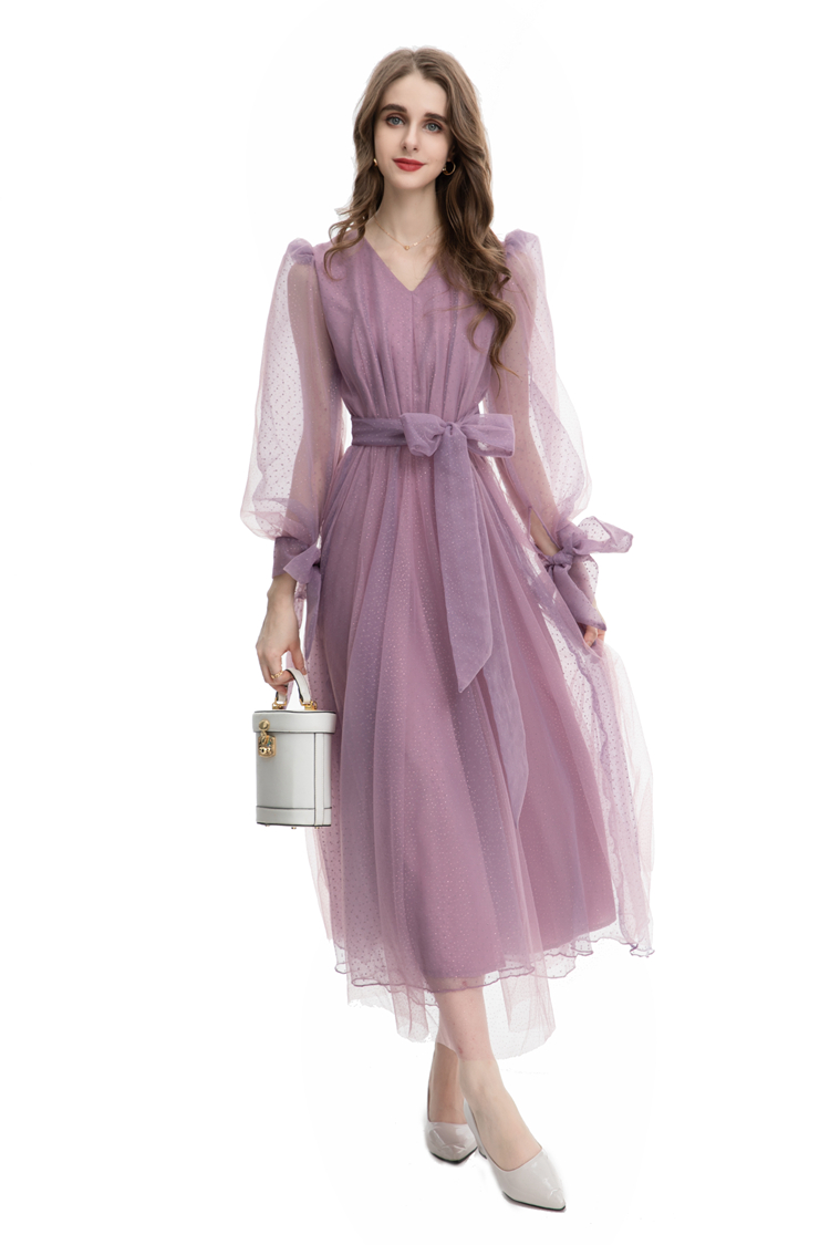 Sukienki damskie Runway Seksowne V Długie latarnie rękawy Latarnie Polka Dots Eleganckie projektant mody Vestidos z paskiem szarfowym