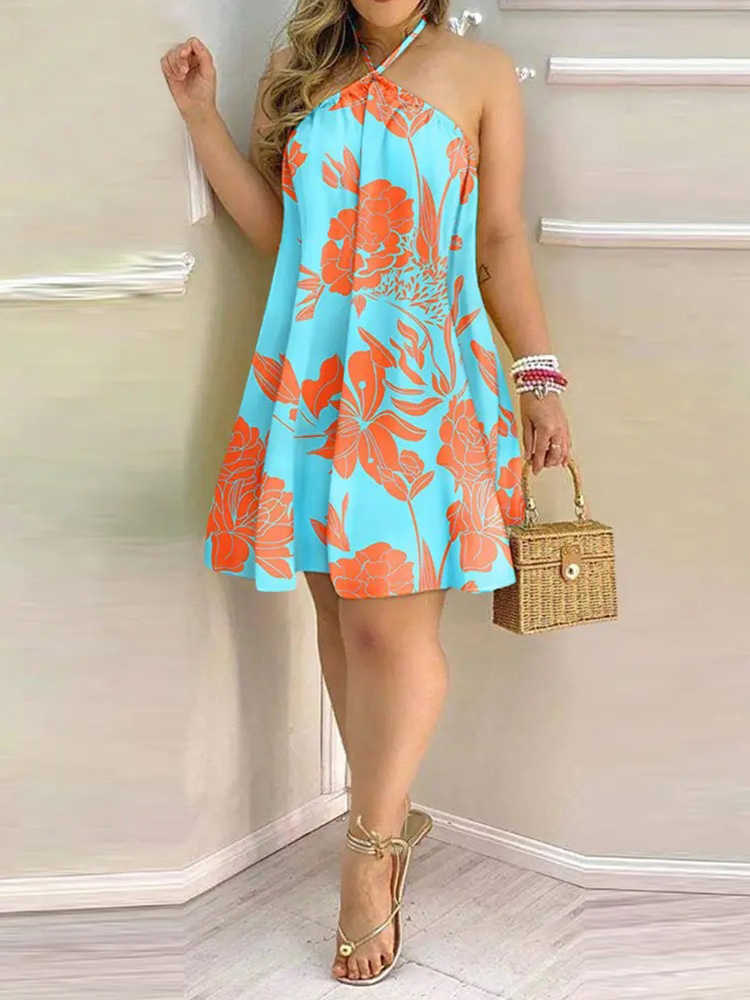 Casual Dresses Peacock Print Halter Backless Sleeveless Casual Summer Dress Women T230210