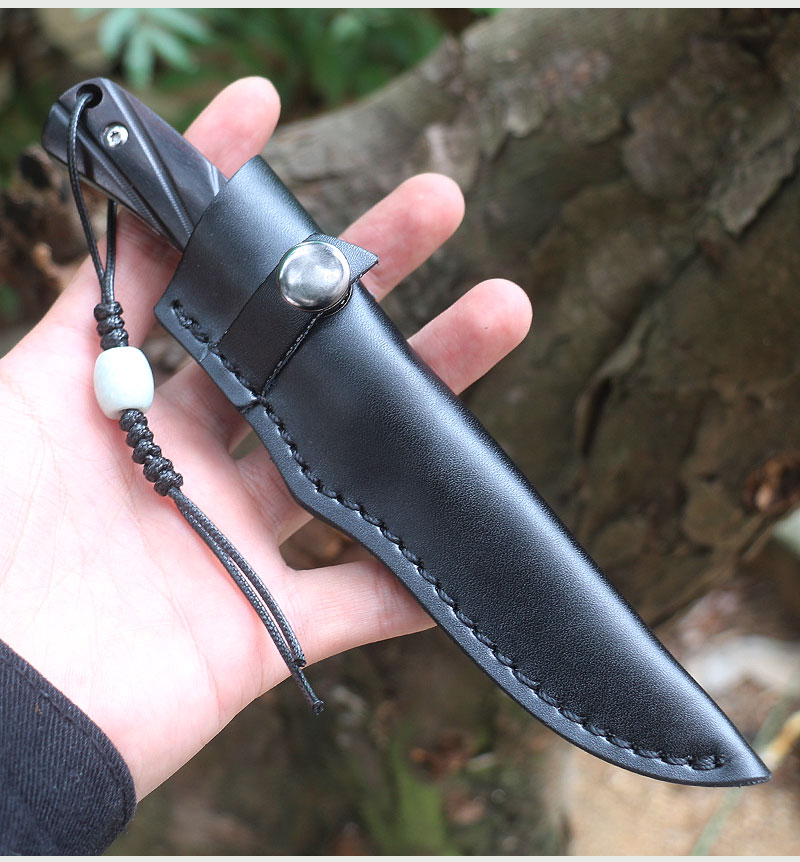 Nouveau 1. M6692 Couteau droit de survie 7Cr13Mov Satin Drop Point Bade Full Tang Manche en ébène Camping en plein air Randonnée Couteaux de chasse avec gaine en cuir