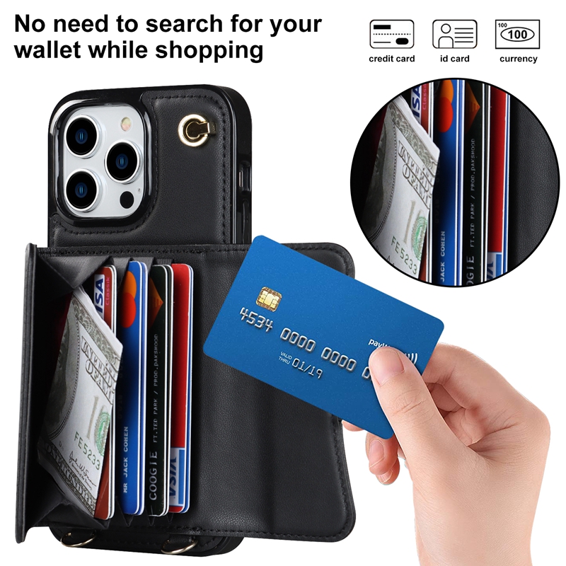 Fashion Organ Leather Wallet Cases For Iphone 15 14 Pro Max Plus 13 12 11 X XR XS MAX 8 7 Credit ID Card Slot Money Cash Pocket Holder Phone Back Cover With Crossybody Strap