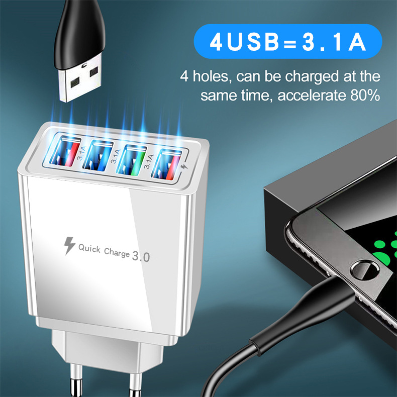 Caricabatterie telefoni cellulari QC3.0 4USB Corrente stabile 5V 3A Caricatore da muro PD multiporta Ricarica rapida