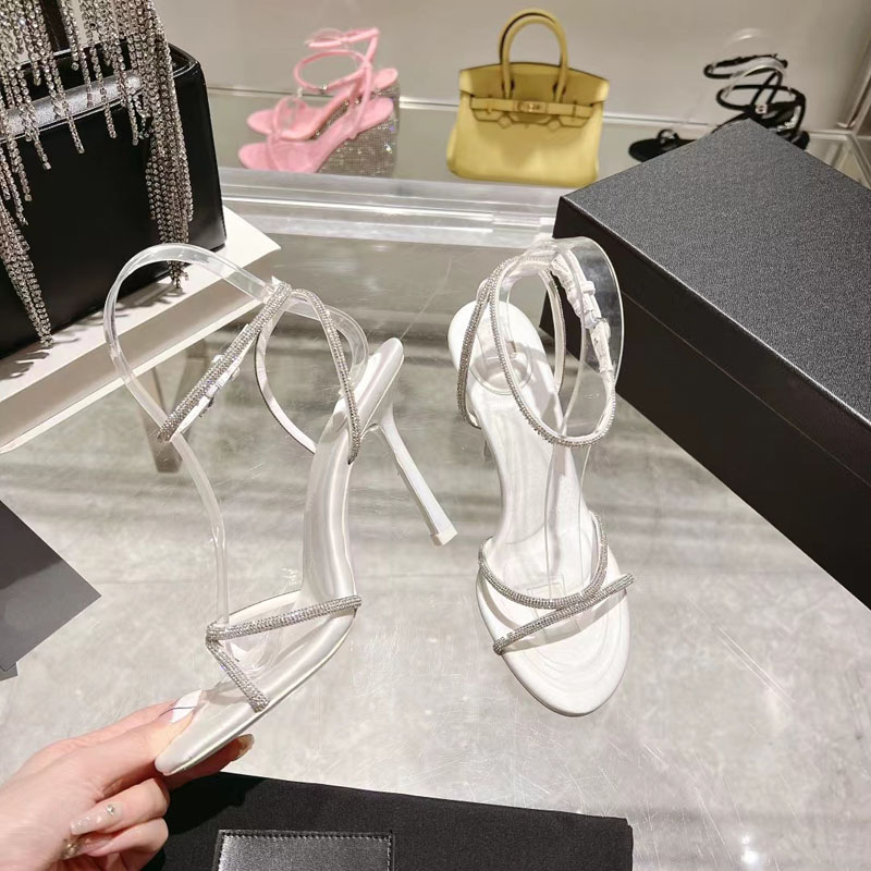 2023 Designer Pure Color Rhinestone High Obcowanie Sandały damskie luksusowy skórzany czarny biały różowy otwartego palca kryształowe sandały sandały seksowne modne buty na sztyletce sztyletowe buty