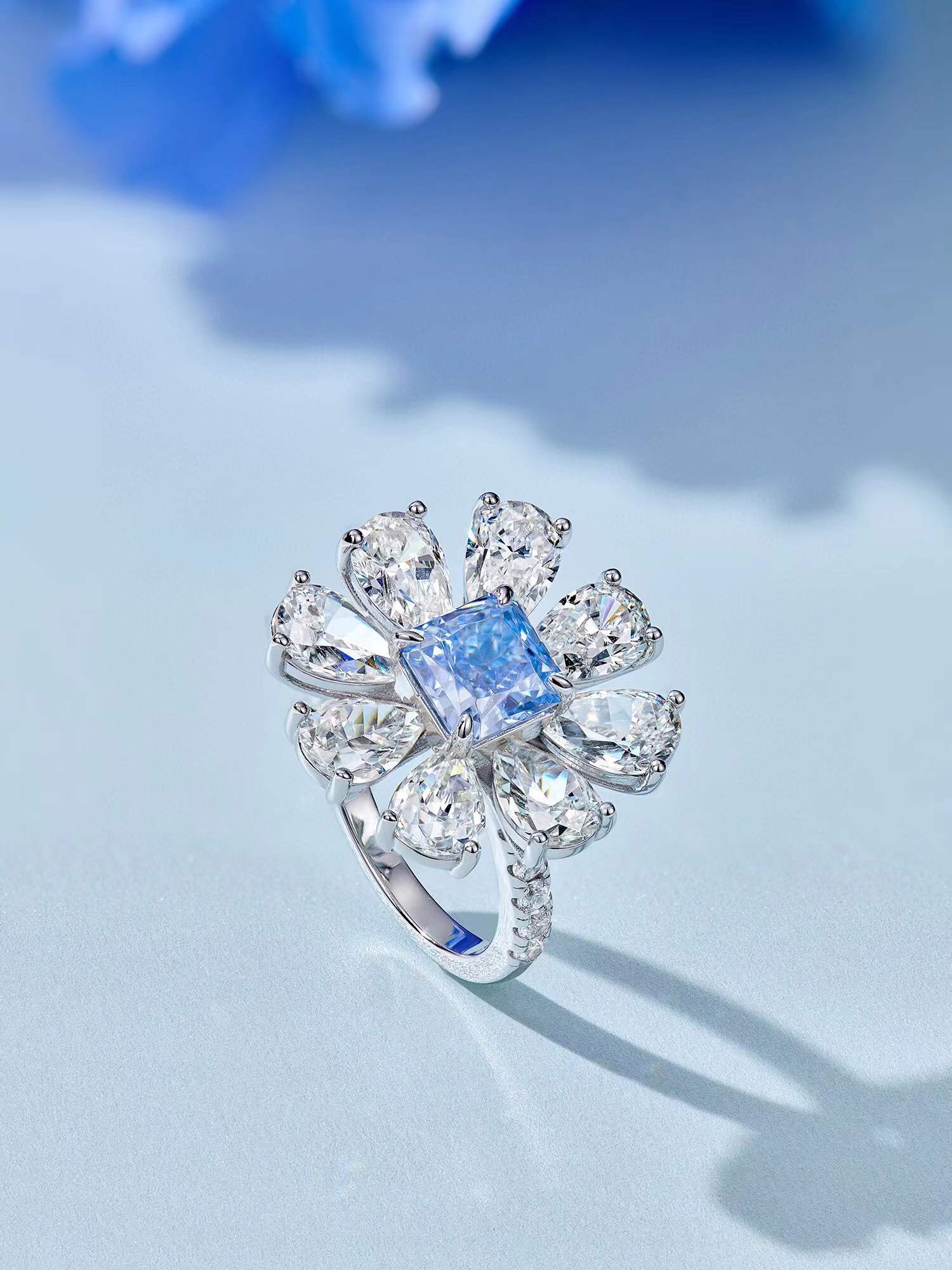 Femmes 925 argent Sterling cristal fleur bague éblouissante bleu gemme carré Zircon anneau géométrique goutte d'eau conception bijoux de mariage