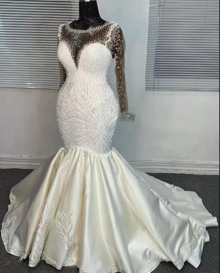 Vestidos de noiva de sereia mangas compridas Trem Setin Satin Appliques Designer ￡rabe arabic plus size ilus￣o vestido de noiva vestido de novia