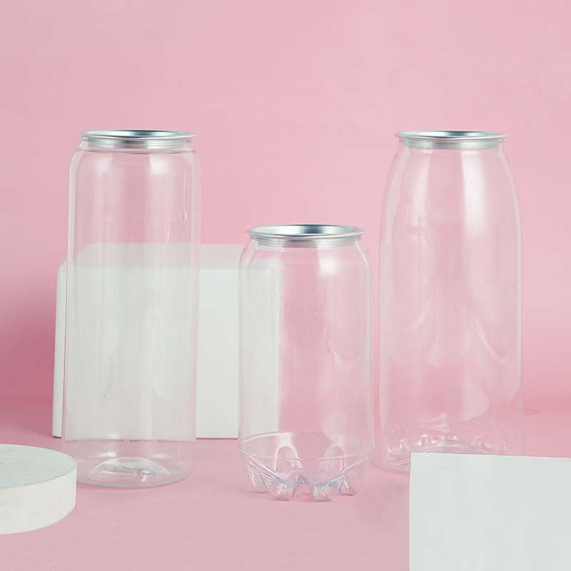 Copos transparentes suco café bebida refrigerante garrafa pet lata de plástico com tampa garrafas vazias