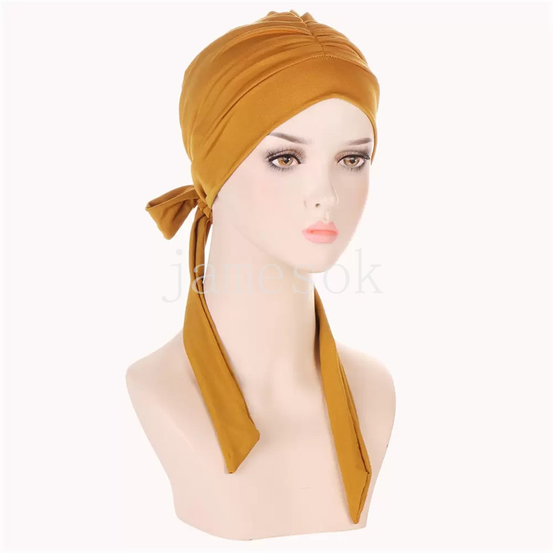 Pre-tied Muslim women's inner cap elastic headband long tail bow headband chemotherapy female hair loss cap wrap DF054