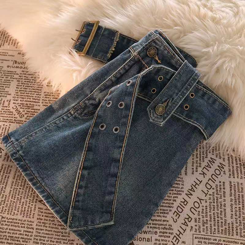 Y2K Vintage Women Korean Button Belted Short Denim Mini Skirts Aesthetic Fairy Grunge High Waiste Jeans A-line Skirt Alt Clothes L230215