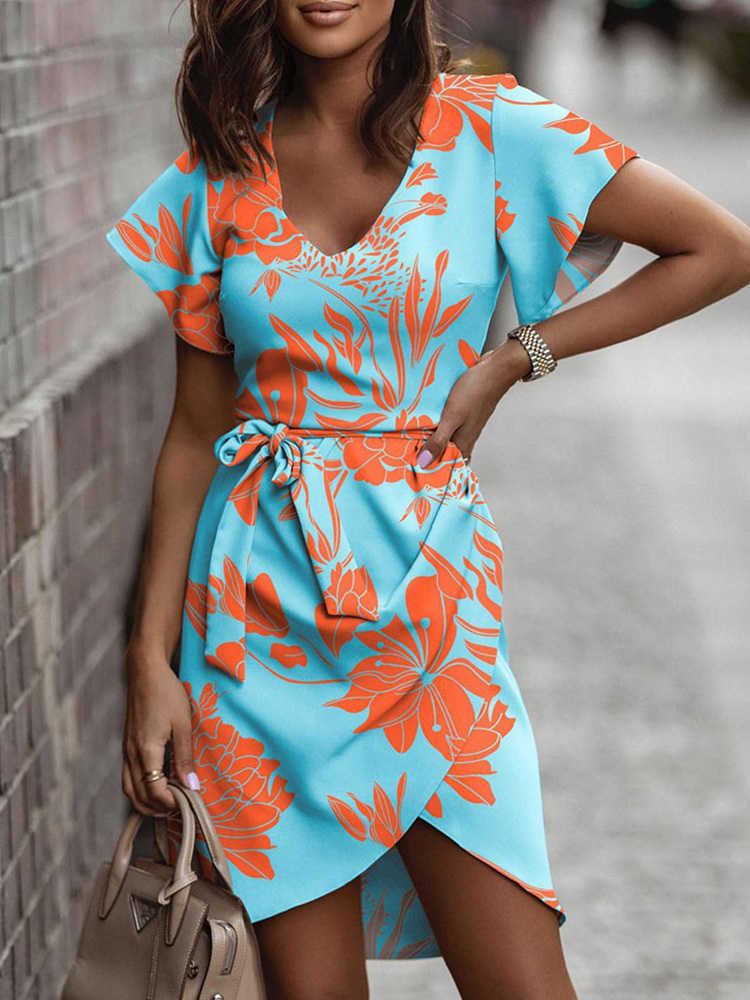 Casual jurken planten afdrukken korte mouw jurk met riem dames casual zomerjurk t230210