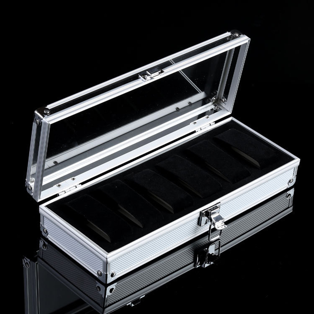 Watch Boxes Cases 6 Grid Card Slot Watch Safe Exhibition Box Jewelry Watches Aluminium Alloy Display Storage Case Transparent Watch Stand Box 230214
